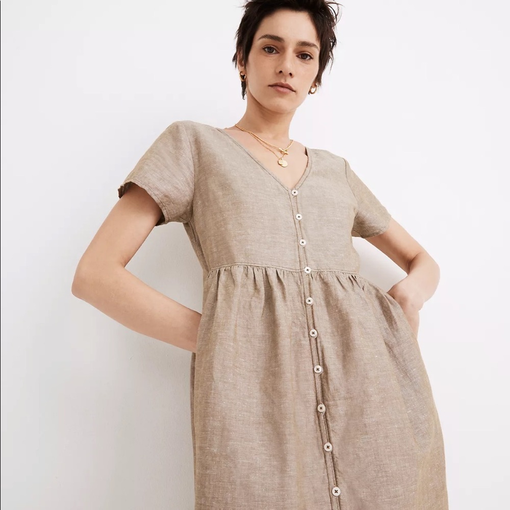 Madewell Linen-Blend Alexandra Button-Front Mini Dress, Size XL, Olive Branch